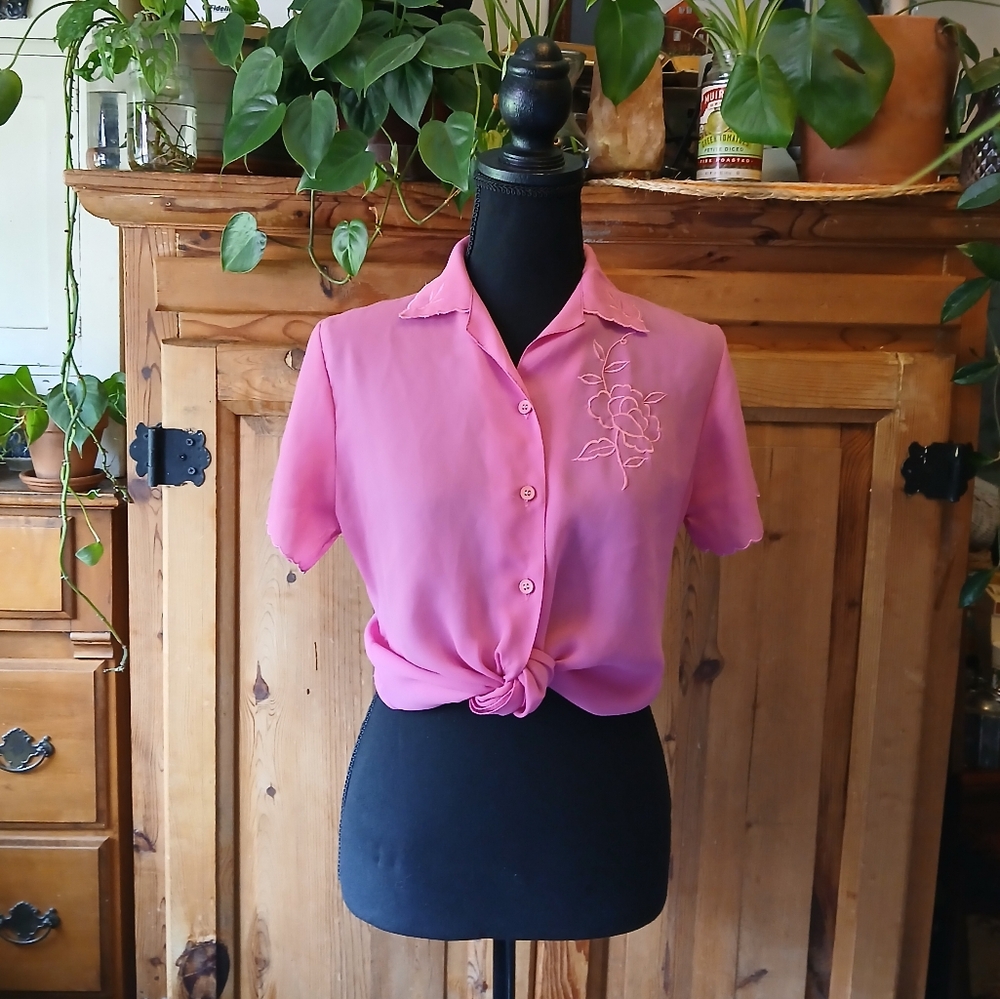 Vintage Pink Short-Sleeve Embroidered Button-Up Blouse